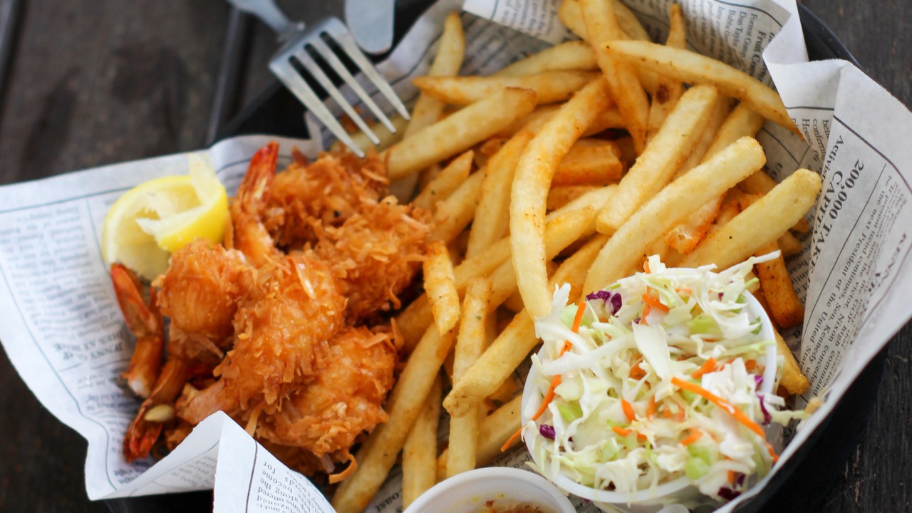 A classic serving of the popular fish and chips with coleslaw